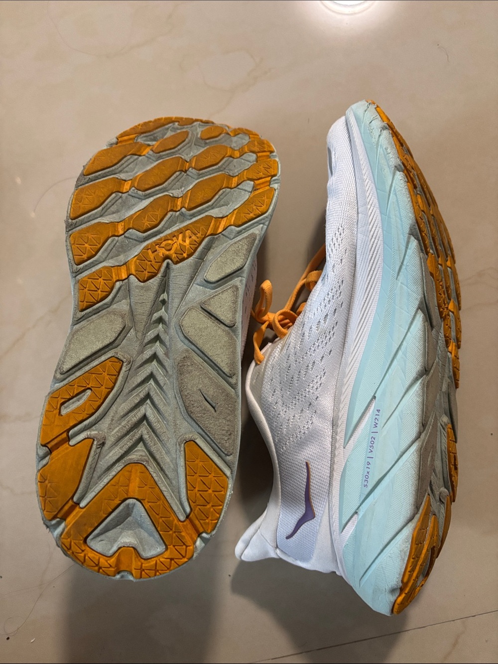 Hoka Women's White Running Shoes with Mint Midsole and Orange Laces - Picture 5 of 5
